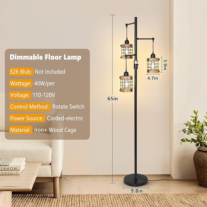 Airposta Vintage Wood Floor Lamp for Bedroom, Dimmable Floor Lamps for Living Room, Industrial Standing Lamp Farmhouse Tall Lamp for Office Home, Rustic Corner Floor Lamp Metal Black Pole Lamp