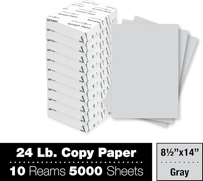 Springhill 8.5” x 14” Gray Copy Paper, 24lb Bond/60lb Text, 89gsm, 5,000 Sheets (10 Reams) – Colored Printer Paper with Smooth Finish – Versatile and Flexible Computer Paper – 024069C