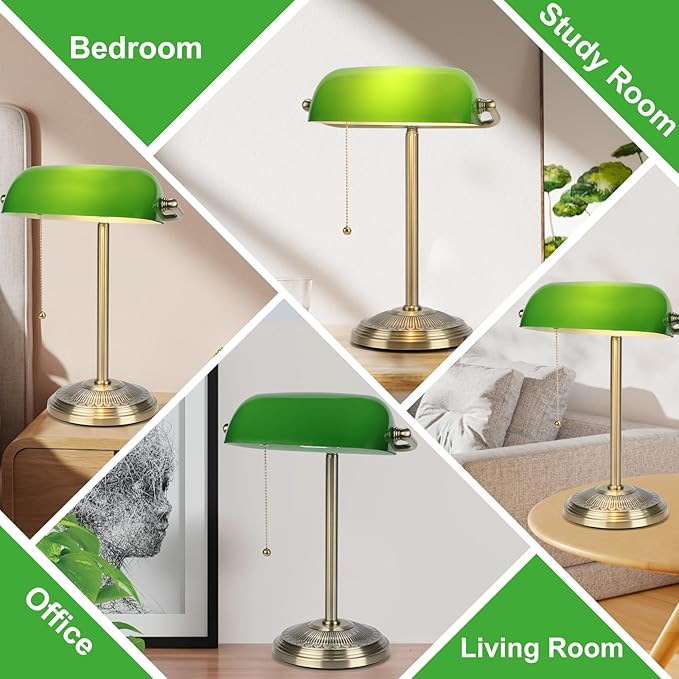 Bankers Lamp, Green Desk Lamp with Brass Finish, Classic Table Lamp with Pull Switch for Home, Office, Study (Green)