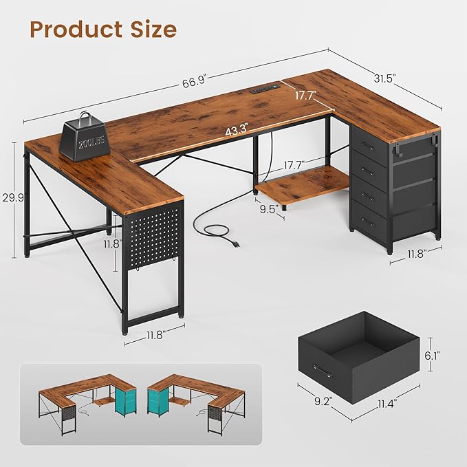 L Shaped Desk, 67" Reversible Computer Desk with 4 Fabric Drawers and Power Outlet, Corner U Shaped Desk with Shelf and Pegboard for Home Office, Rustic Brown