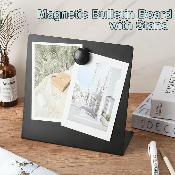Magnetic Bulletin Board with Stand, 8x8inch Magnet Display Stand, Metal Tabletop Memo Board with 2 Magnets for Home, Kitchen, School, Office Supplies