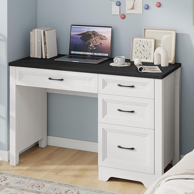 Farmhouse Executive Desk with Drawers, Wood Computer Desk with Ample File Drawer, Rustic Home Office Desk with Storage for Bedroom, Living Room, Black