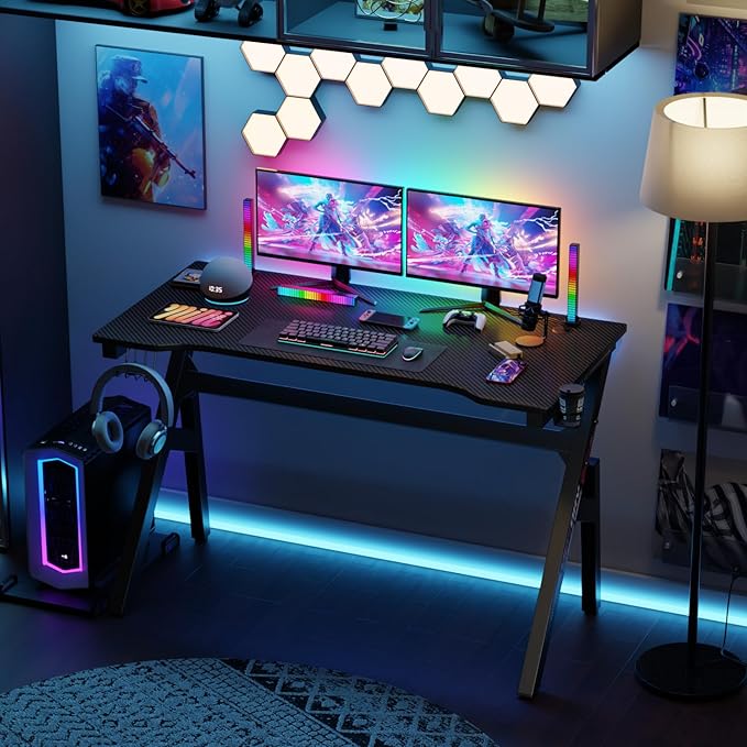 BestOffice | 47" Gaming Desk | Black & Red | Carbon Fiber Textured Computer Desk | Sturdy Steel Frame,Cup Holder, Headphone Hook, Cable Management Holes, Adjustable Leg Pads | for Gamers,Home,Office