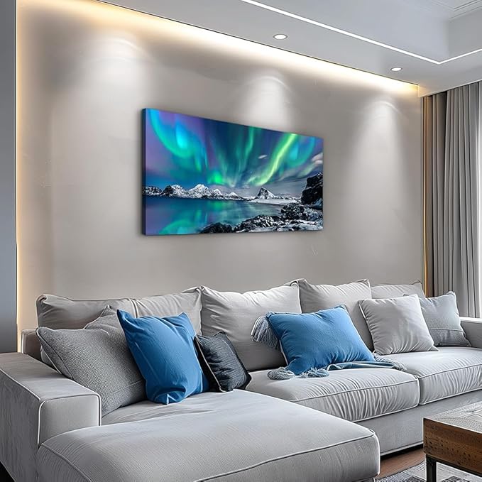 Farmhouse Wall Decor For Living Room Canvas Wall Art For Bedroom Blue Aurora Scenery Paintings Modern Bathroom Canvas Art Print Ready To Hang Office Pictures For Home Room Wall Decorations Artwork