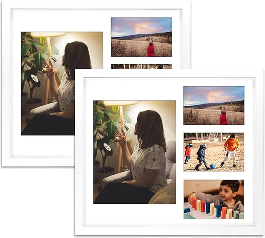 Golden State Art, Set of 2, 14x16 White Wood Picture Frame - White Mat for 8x10 And 4x6 Photos - Tempered Glass, Sawtooth Hanger, Swivel Tabs - Wall Mounting - Great for Gift