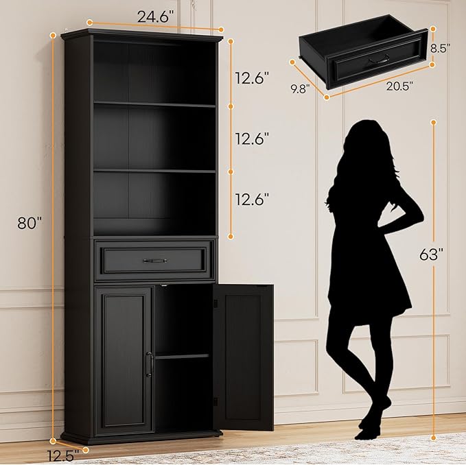 Cyclysio 80" Tall Bookcase Set of 2, Farmhouse 2 Set Bookshelves with Drawer and Doors, Floor Standing 6 Shelf Display Storage Cabinet for Home Office, Living Room (2, Black)