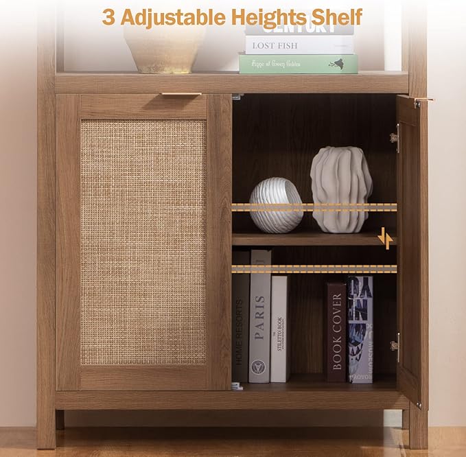 SICOTAS Bookshelf 5 Tier Book Shelf Rattan Boho 71" Tall Bookcase with Doors Storage Shelves Large Bookshelves Farmhouse Bookcases Library Book Case for Living Room Bedroom Home Office Kitchen