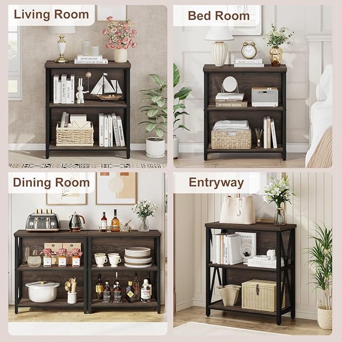 FATORRI Small Bookshelf, 3 Shelf Bookcase for Living Room, Low Short Bookshelf, Industrial Wood Book Shelf and Rustic Book Case for Small Space, Home Office (Dark Walnut)