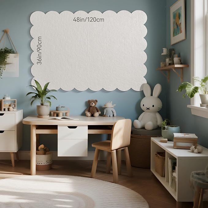 Scalloped Bulletin Board, 48 x 36 Inches Felt Pin Board - Decorative Cork Alternative for Wall, Foldable Picture Self-Adhesive Vision Prayer Board with 20 Pushpins - White