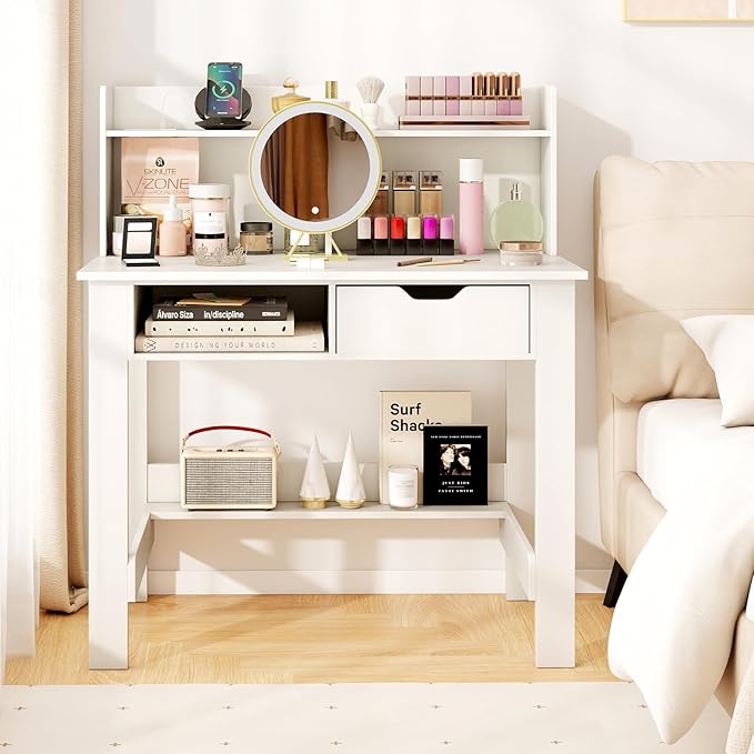 Tangkula White Desk with Hutch & Drawer, Modern Computer Desk with Charging Station USB & Type C Port, Cable Hole, Home Office Desk with Storage Shelves for Study Room Bedroom