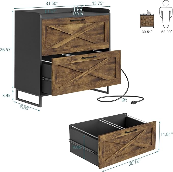 2 Drawer Lateral File Cabinet, Filing Cabinet with Charging Station for Letter/Legal/A4 Size Hanging Files, Modern Farmhouse File Cabinet for Home Office, Printer Stand with Storage, Brown and Black