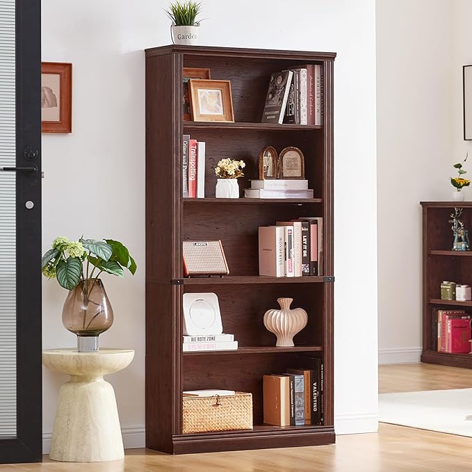70" Walnut Tall Bookshelf Set of 4,5-Tier Thick Wooden Book Shelf with Adjustable Shelves,Free Standing Farmhouse Bookcase with Open Display Storage,Floor Vintage Bookshelves for Living Room
