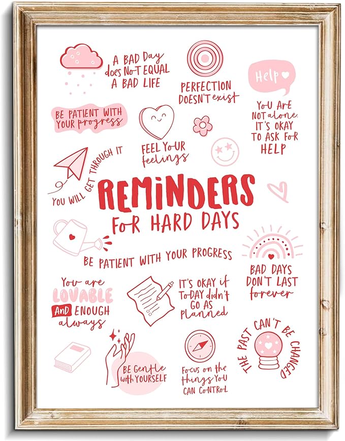 uniro Vintage Wall Art, Reminders for Hard Days, Mental Health Office Decor, Therapy Poster, Positive Affirmations, Calming Corner Wall Art, CBT Home Decor WallArt (8" x 10"-UNFRAMED)