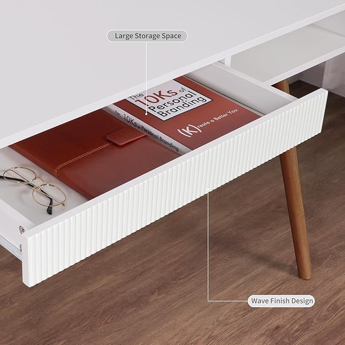 Artswish White Writing Desk with Drawers Mid Century Modern Desk, Wood Office Computer Desks for Small Space, White Desks with Walnut Legs