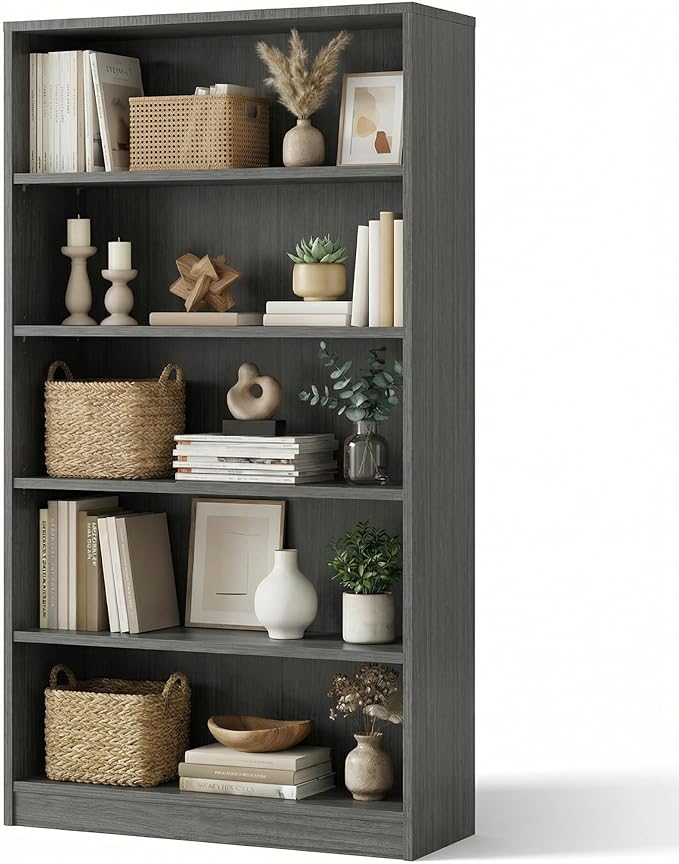 5 Tier Wooden Bookshelf, 60" H Tall Book Shelf with Adjustable Shelves, 33" Wide Bookshelf for Home Office, Living Room