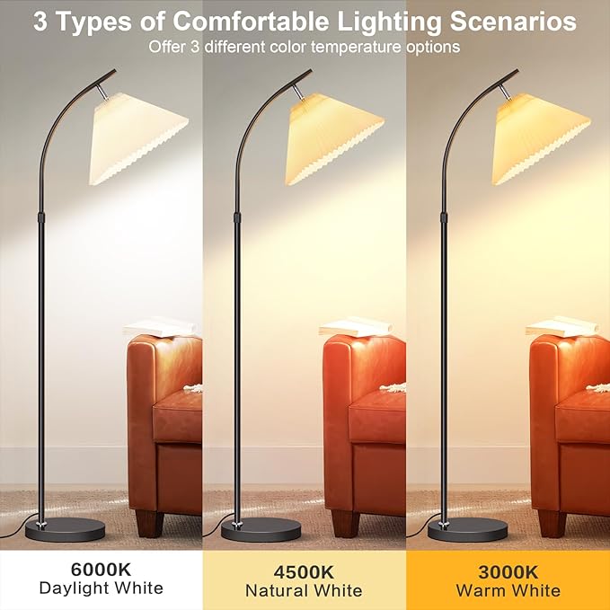 Tall Floor Lamp for Living Room Bedroom, 61"-68" Adjustable Standing Lamp with PleatedShade, Black Modern Lamp with 9W LED Dimmable 3-Color (3000K/4500K/6000K), Corner Reading Light for Office