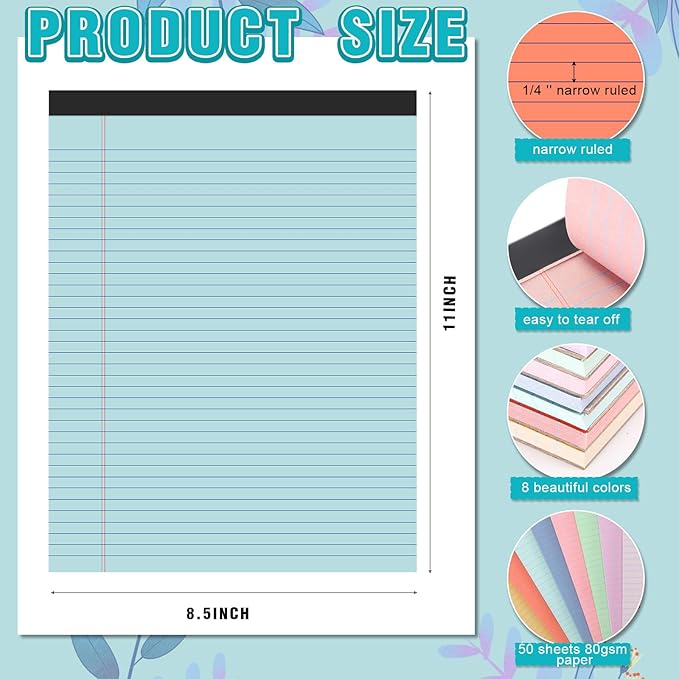 Fuutreo 8 Pcs 8.5'' x 11'' Colored Legal Pad 50 Sheets Per Writing Pads Narrow Ruled Notepad Perforated Writing Notepad Office Supplies for College Office Business (Candy Color)