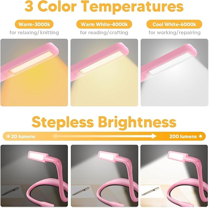 Pink Neck Light with Storage Case, Mothers Day Gifts for Wife Women Book Lovers Knitters Crafters, 10-80Hrs Eye-friendly Book Reading Lamp Knitting Crochet Sewing Craft Light Rechargeable Adjustable