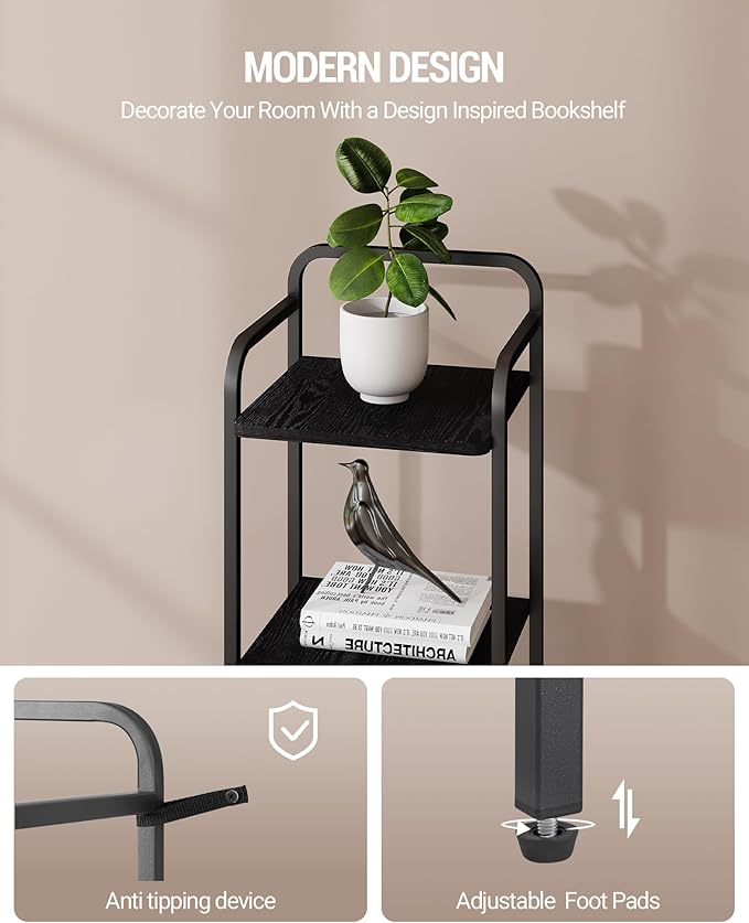 Bookcase Bookshelf, Narrow Book Shelf, Industrial Corner Shelf Storage Organizer, Slim Shelving Unit for Home Office, Living Room, Bedroom, Kitchen, 5-Tier Black BC24504B