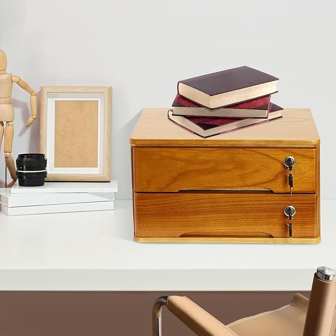 2 Drawers Wooden Desktop Storage Box,Small File Cabinet with Locks,Office Supplies A4 Filing Organizer for School,Classroom,Wood Yellow