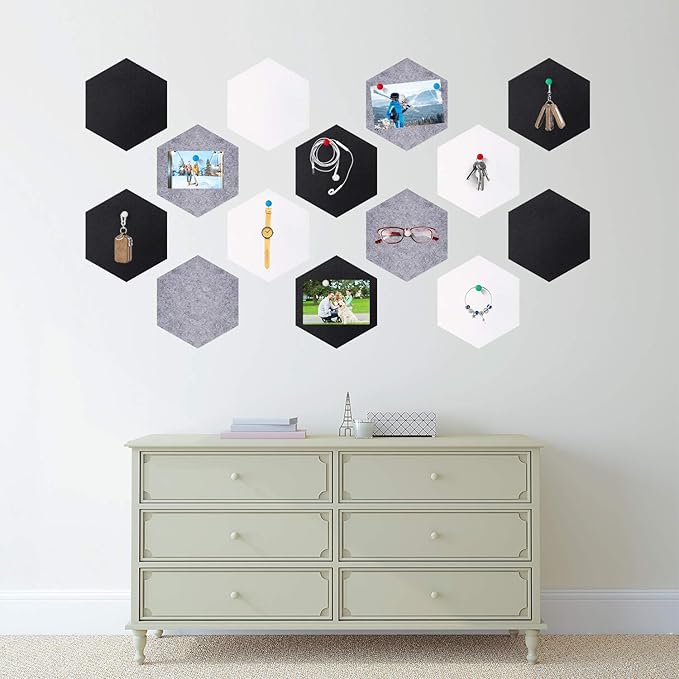 21 Pieces Pin Board Hexagon Felt Board Tiles Bulletin Board Memo Board Notice Board with 40 Pieces Push Pins for Home Office Classroom Wall Decor 5.9 x 7 Inches/ 15 x 17.7 cm (Black, White, Grey)