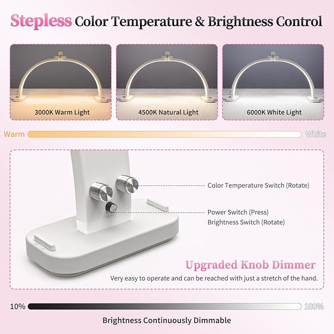 Foldable Half Moon Light for Nail Desk, 31in 45W Nail Desk Lamp with Phone Holder, Half Moon Table Lamp with Stepless Color Temperature Dimmable for Manicure (White)