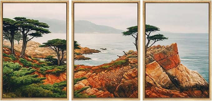 SIGNFORD Framed Wall Art Print Set Coastal Cypress and Rocky Shoreline Scenic Landscape Digital Art Modern Art Contemporary for Living Room, Bedroom, Office - 16"x24"x3 Natural