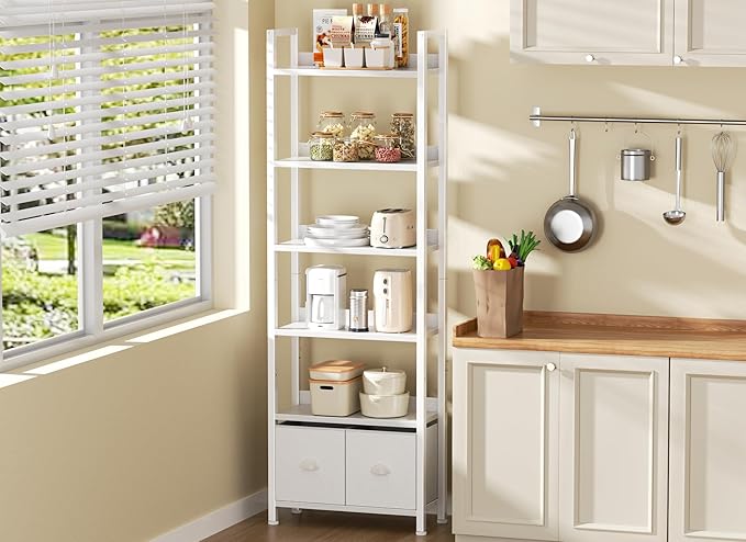 Furologee White 6 Tier Bookshelf with Drawers, Tall 71" Bookcase with Shelves, Modern Wood and Metal Bookshelves Storage Organizer, Display Free Standing Shelf Unit for Bedroom, Living Room, Office