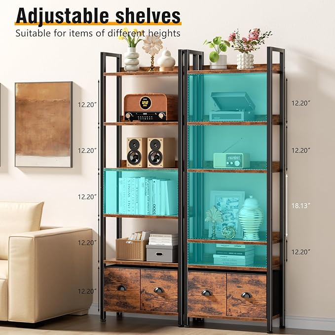 Furologee 6-Tier Bookshelf Set of 2,Tall Bookcase with 2 Drawers and Shelves, Industrial Display Free Standing Shelf Units, Storage Rack Organizer for Bedroom, Living Room, Home Office, Rustic Brown