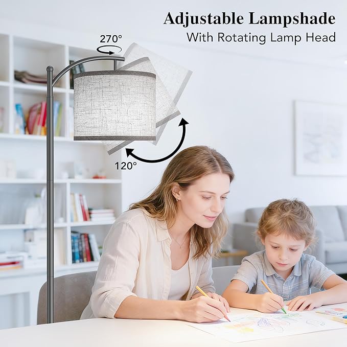 ROTTOGOON Floor Lamp for Living Room with 3 Color Temperatures LED Bulb, Standing Lamp Tall Industrial Floor Lamp Reading for Bedroom, Office (9W LED Bulb, Beige Lampshade Included) -Grey