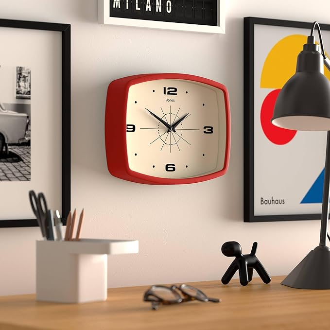 JONES CLOCKS® Movie Wall Clock | Rectangular Retro Clock | 25cm | Red | Cool mid-Century Designer Look for Kitchen, Living Room or Office