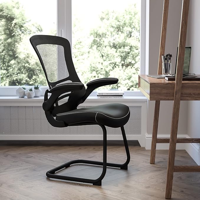 Flash Furniture Kelista Black Mesh Sled Base Side Reception Chair with White Stitched LeatherSoft Seat and Flip-Up Arms