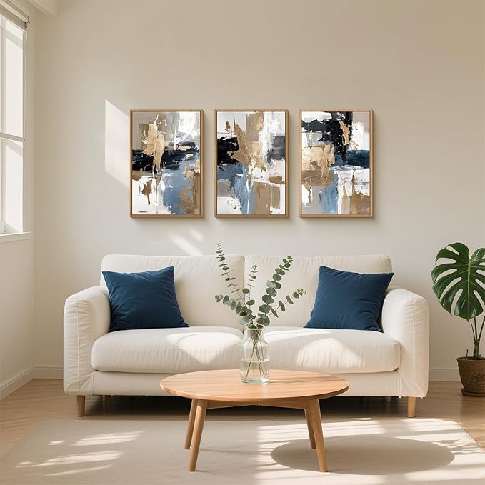 KAIRNE Blue Abstract Neutral Wall Art Set of 3, Modern Minimalist Framed Canvas Art, Textured Watercolor Wall Decor,Gold, Brown, Gray Tan, Black for Living Room, Bedroom, Office 16x24 Inch
