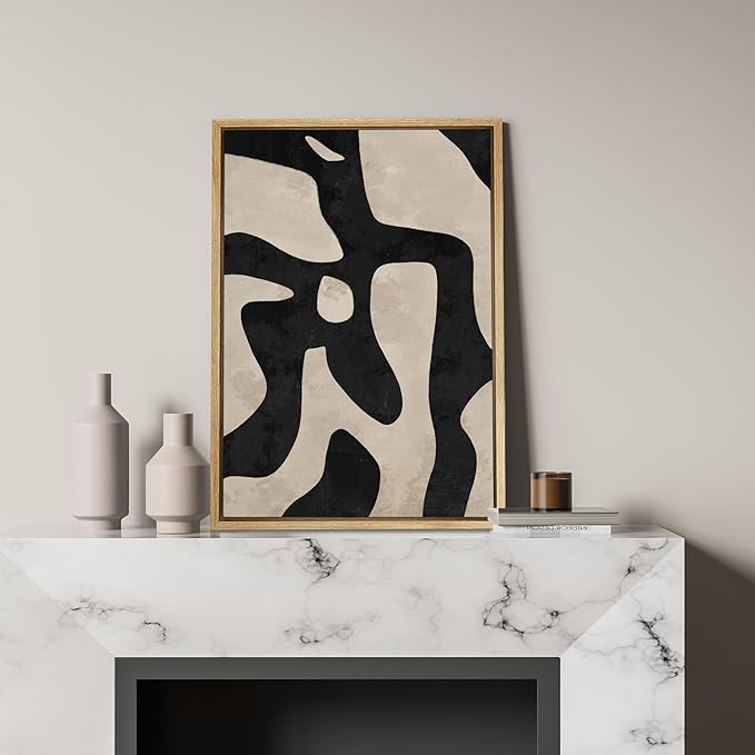 SIGNFORD Framed Canvas Print Wall Art Abstract Fluidity Black and Beige Illustrations Modern Art Decorative Boho Relax/Zen Nordic for Living Room, Bedroom, Office - 24"x36" Natural