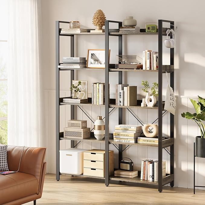 Seventable Bookshelf 5 Tier with 4 Hooks，63”Industrial Wooden Bookcase, Vintage Storage Rack with Open Shelves, Rustic Standing Bookshelves Metal Frame 43.3” Wide Display Rack, Gray