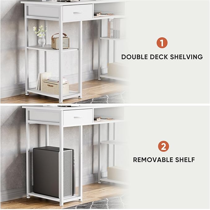 DUMOS 48" Small Computer Home Office Desk for Bedroom with Drawers, Gaming Writing Study Table with Storage Shelf, Adjustable Feet, Metal Frame Natural White