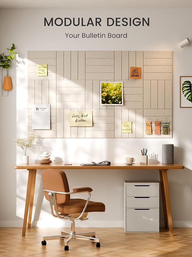 Bumusty Large Cork Board Alternative-48 x 36" Felt Bulletin Board Tiles, with 30 Pushpins, 70 Adhesive Tabs, 12-Pack Slat Wall Paneling, Cork Boards for Office Push Pin Board Felt Board-Oatmeal