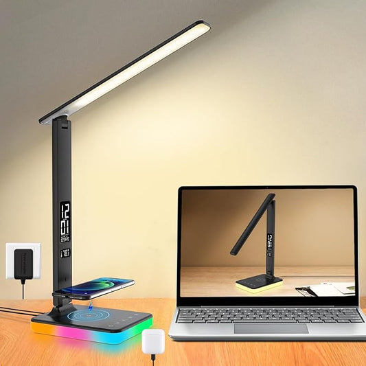 LED Desk Lamp for Home Office, USB Charging Port, Reading Lamp Desk Light with 5 Brightness, 3 Colors, Table Lamp with Clock, Alarm, Date, Temperature, Desk Lamp for College Dorm Room (Black)