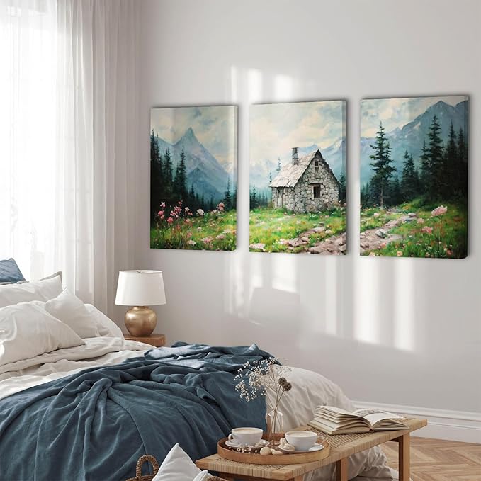 SERIMINO Nature Landscape Canvas Wall Art for Living Room, Forest Mountain Canvas Prints Paintings Room Decor, Cottage Meadow Wildflower Modern Farmhouse Wall Decor Set of 3, 20"X28"