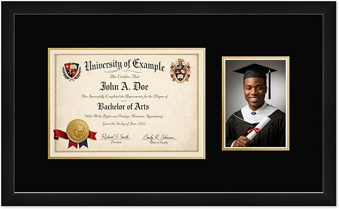 CountryArtHouse Fits 11.69 x 8.27 A4 Certificate and 5 x 7 Photo Diploma and Photo Frame Matte Black Genuine Hardwood with Black Over Metallic Gold Double mat