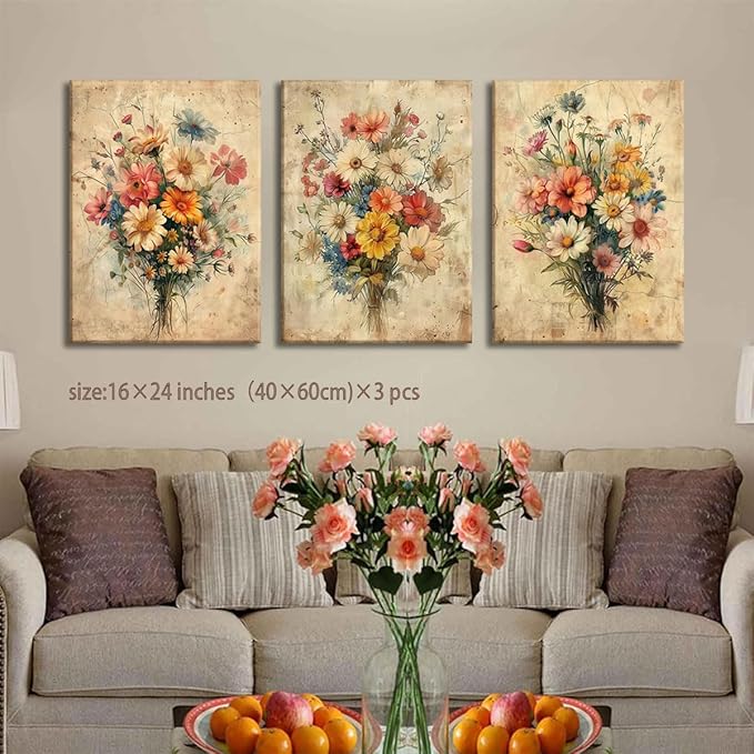 KISSFOX Framed Colorful Wildflower Canvas Wall Art Set Of 3 Flowers Pictures Prints Flowers Printing Floral Watercolors Flower wall Decor Living Room Girls Bedroom Bathroom