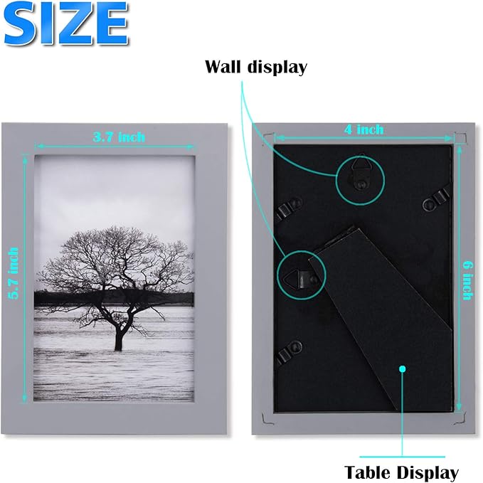 Egofine 4x6 Picture Frames Set of 4, Made of Solid Wood Covered by Plexiglass 3x4.5 and 3.5x5 with Mat or 4x6 without Mat, for Table Top Display and Wall Mounting Photo Frame, Light Grey