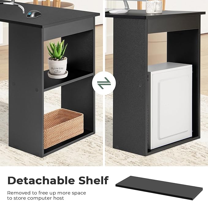 Giantex 48 Inch Computer Desk with Bookshelf, 3-in-1 Home Office Desk with 4-Tier Bookcase & CPU Stand, Space-Saving Reversible Writing Desk Work Table for Bedroom, Study Room, Office (Black)