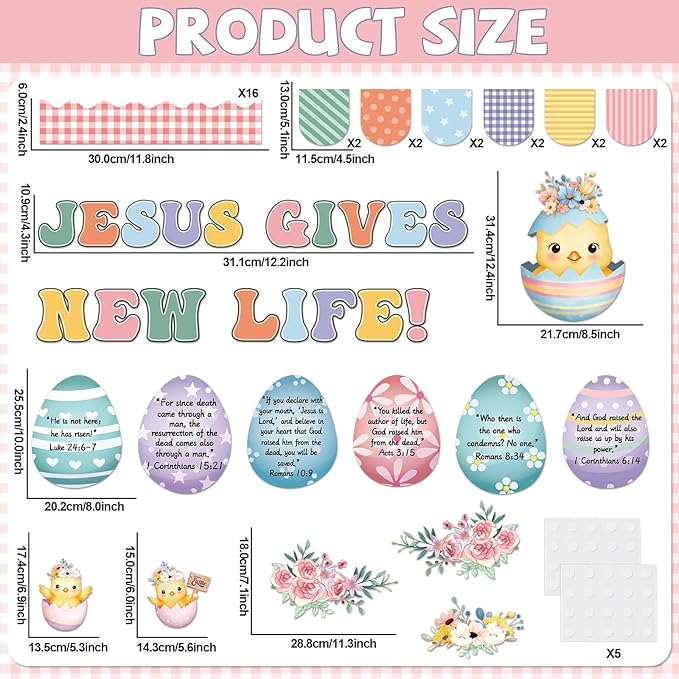 Easter Bulletin Board Set Easter Egg Religious Quotes Classroom Decoration Jesus Gives New Life Flowers Bulletin Board Christian Egg Cutouts for Spring Church Sunday School Chalkboard Home Wall Decor