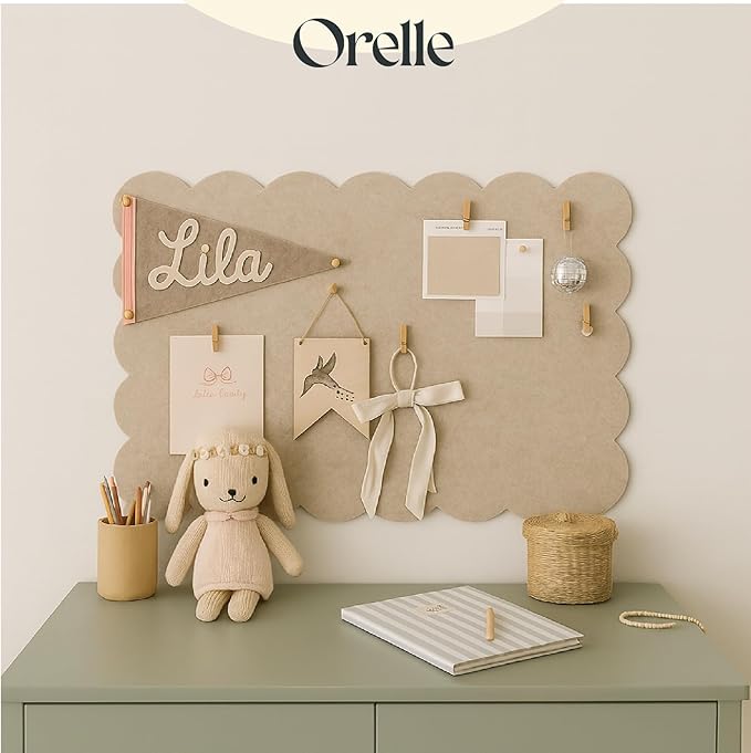 Orelle Scalloped Felt Bulletin Board | 23 x 15” | Foldable Peel and Stick Felt Board for Wall | Alternative Cork Board for Office, Message Board, Kids Art Display | Beige