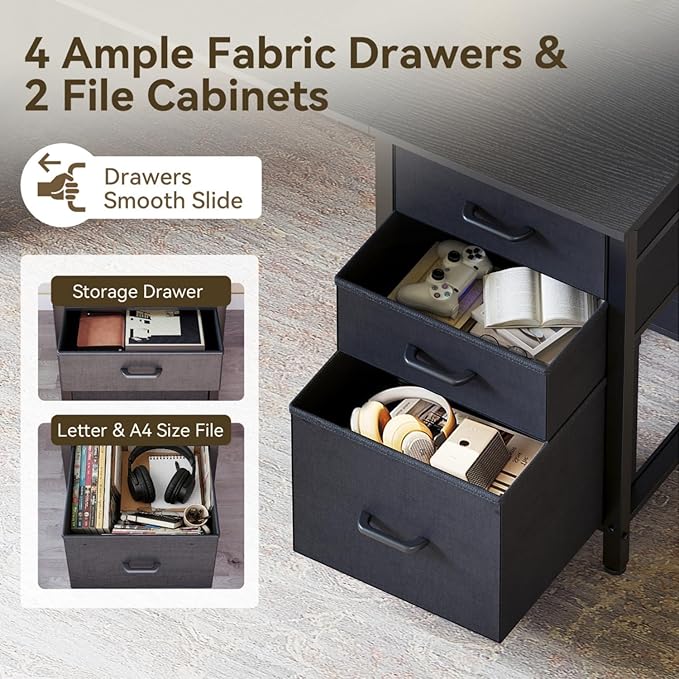 ODK 63 Inch Office Desk with 6 Fabric Drawers, Large Computer Desk for Home Office with Hidden Storage Shelves, Black