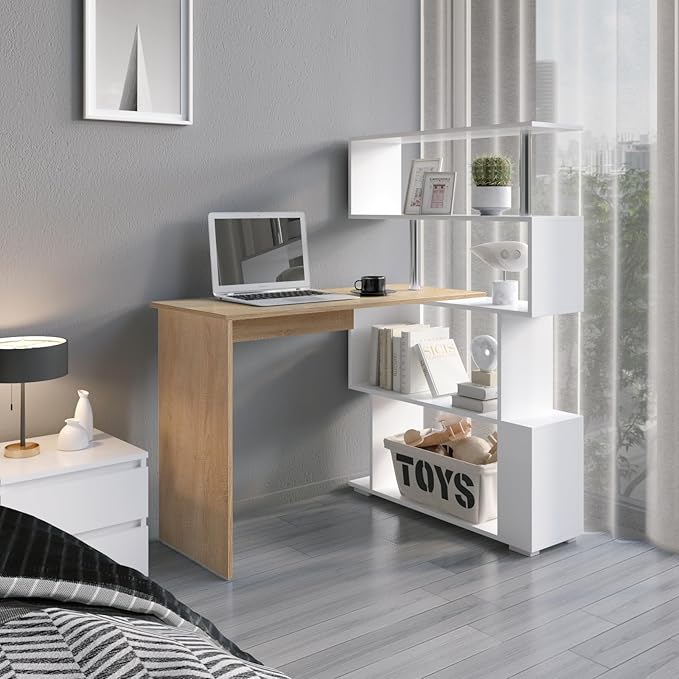 41.7" L Shaped Desk with 4-Tier Storage Shelves, Computer Corner Desk for Study Home Office Living Room (Oak and White)