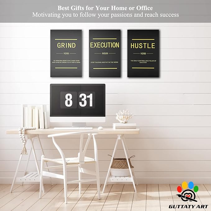 Office Wall Art - 3 Panel Motivational Wall Art, Inspirational Quotes Canvas Art for Home Office Wall Decor, Positive Quotes Wall Decor, Entrepreneur Grind Hustle Execution Poster Frame (12”x18”x3Pcs)