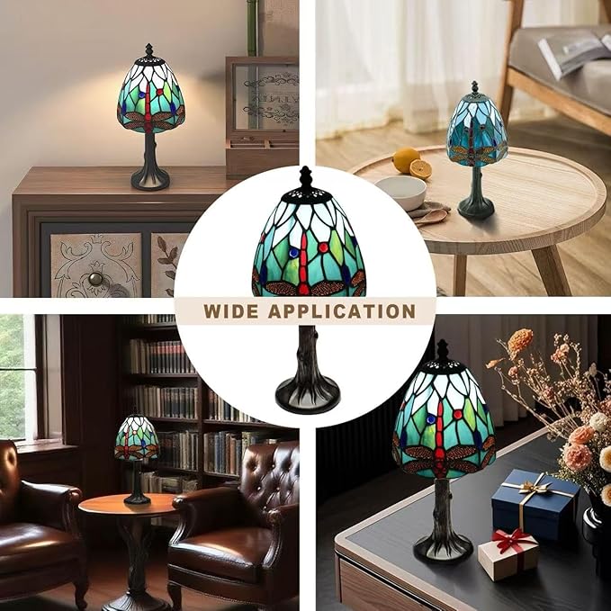 Dragonfly Stained Glass Mini Table Lamp, Handmade Tiffany Style Desk Light with LED Bulb, Easy Assembly, Heavy Stable Base for Bedroom, Living Room, Office & Study.