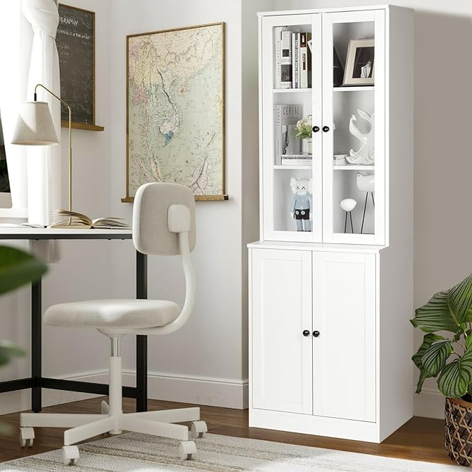 VOWNER Vertical File Cabinet, 3-Tier Modern Bookshelf with 3 Large Drawer, Wood Filing Cabinet with Open Storage Shelf, Glass Doors and Adjustable Shelves for Home Office, White (B)